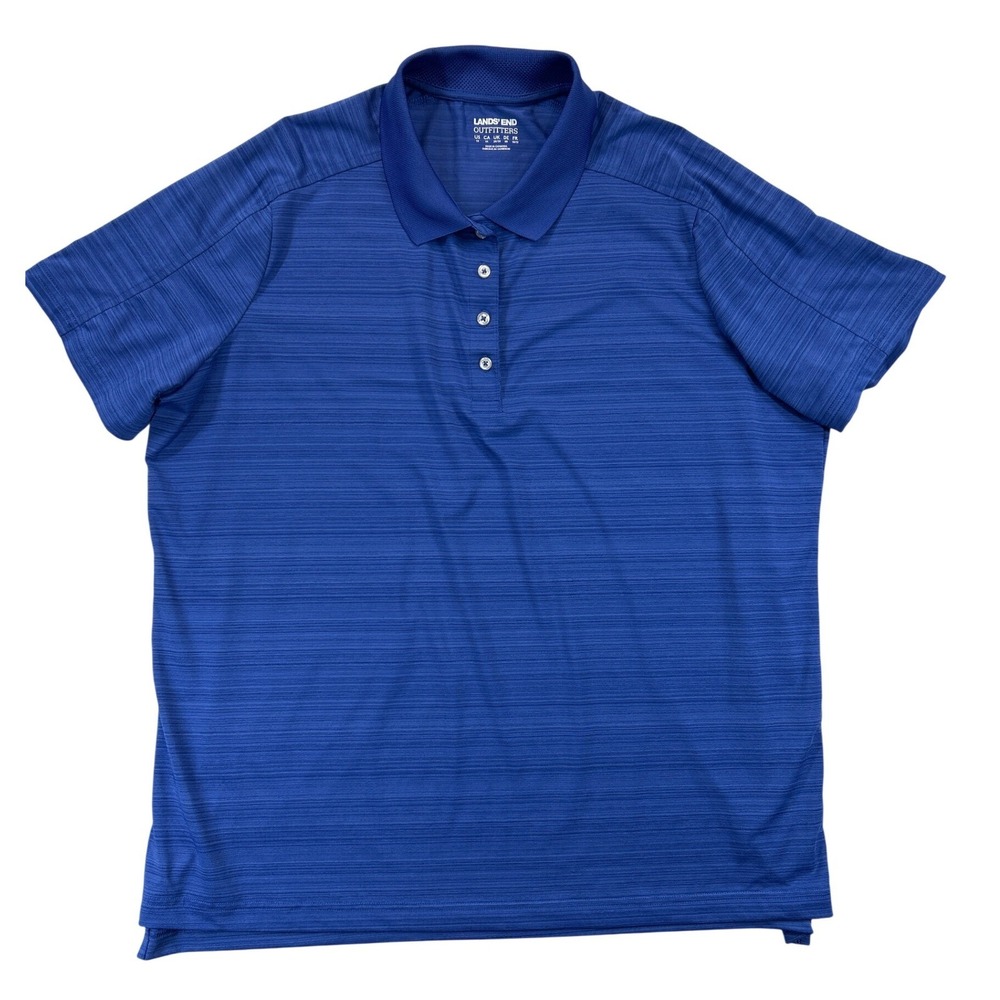 Lands End Polo Shirt Mens 1X Blue Golf Short Sleeve Striped Stretch